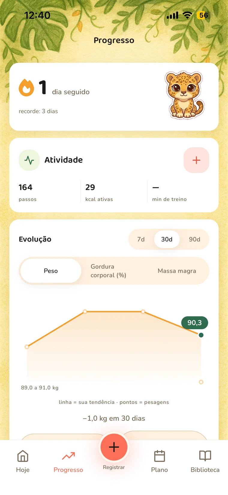 Tela de progresso do OnKalo com gráfico de peso e tendência