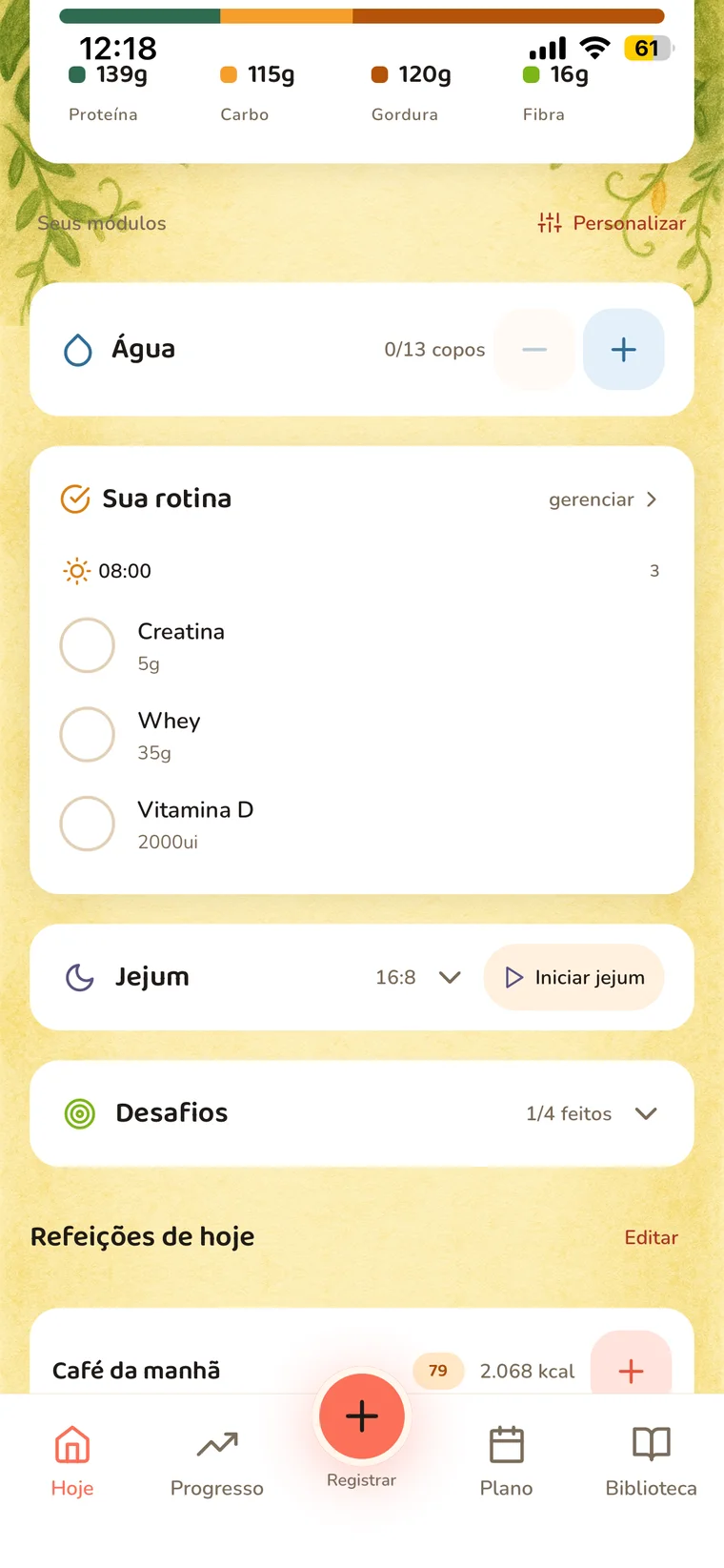 Rotina de suplementos do OnKalo com água, jejum e desafios